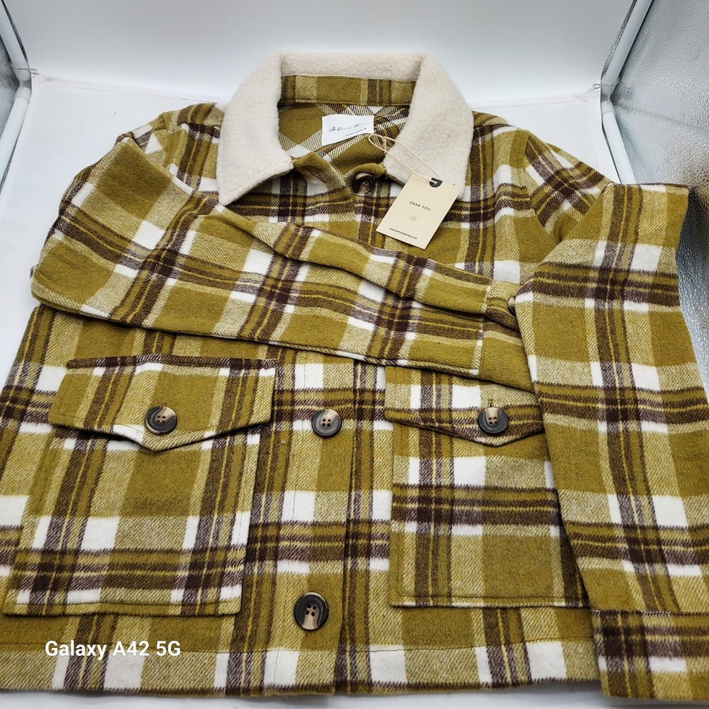 Active Usa Women Plaid Sherpa Collar Jacket Size S Green White Brown